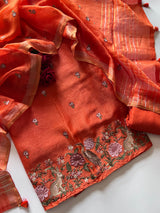 Orange Pure Silk Linen embroidered premium unstitched dress material