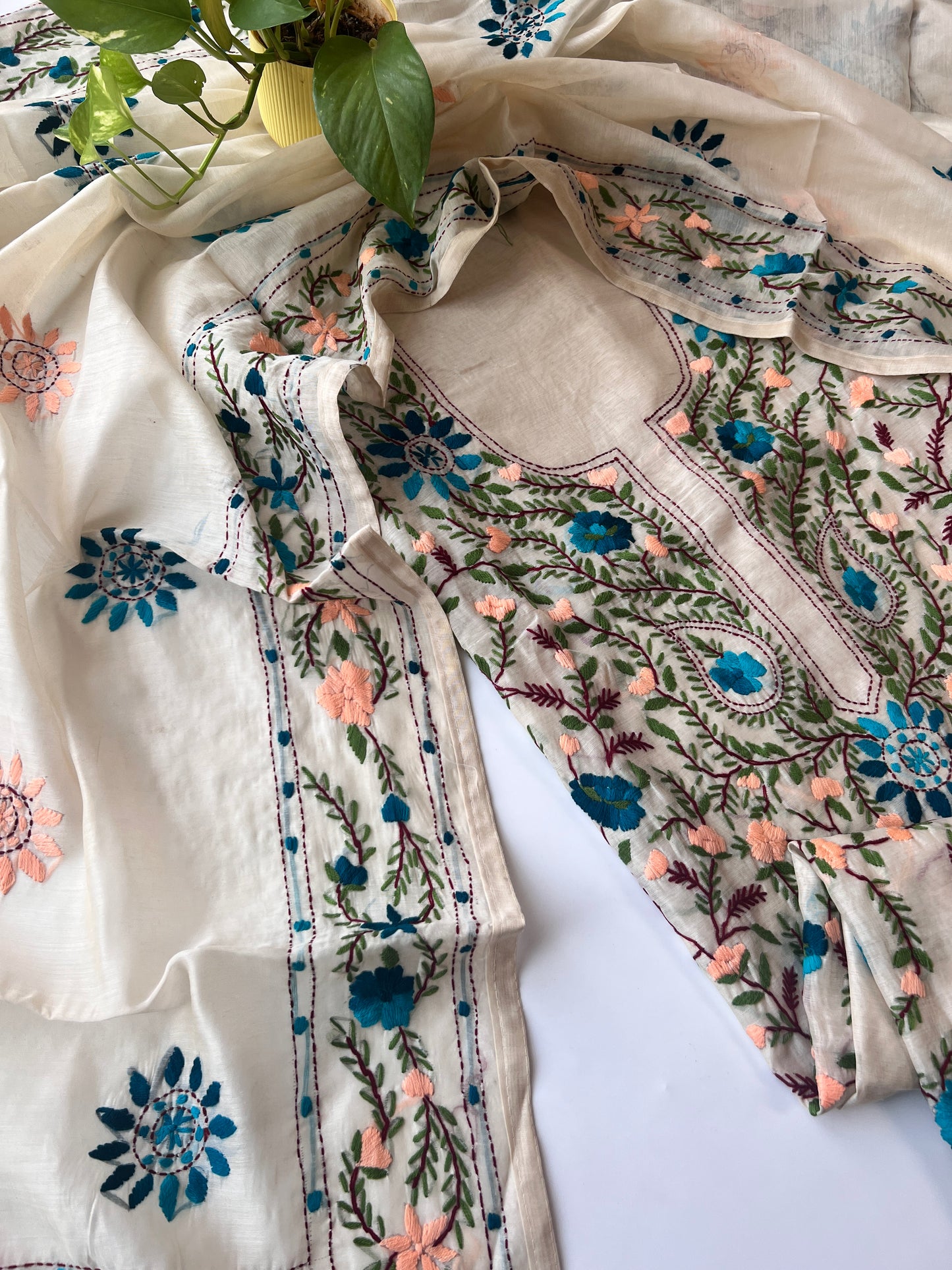 Chanderi Phulkari embroidery Unstitched suit material