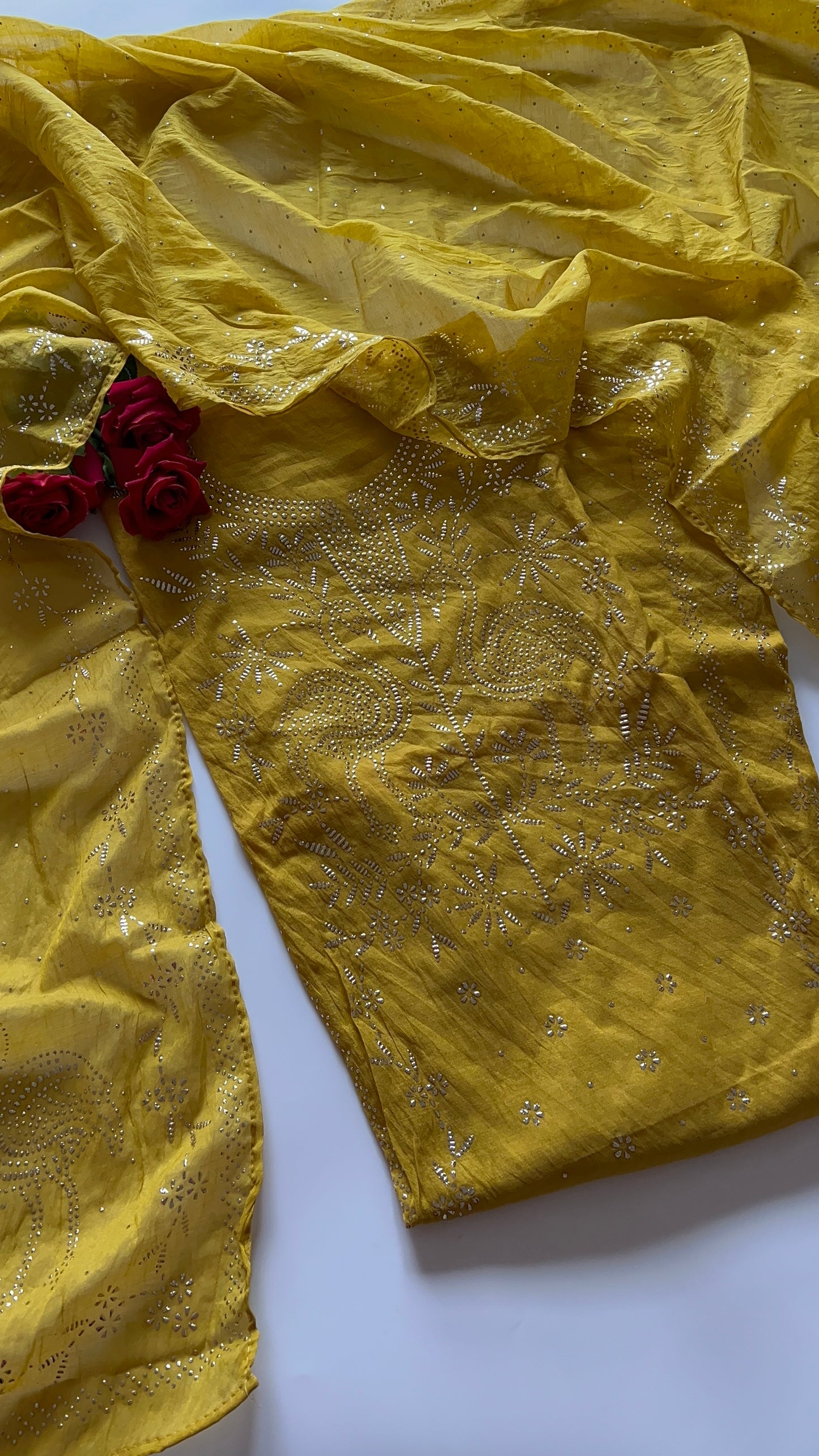 Mul Chanderi dress material with mukaish -Flamingo