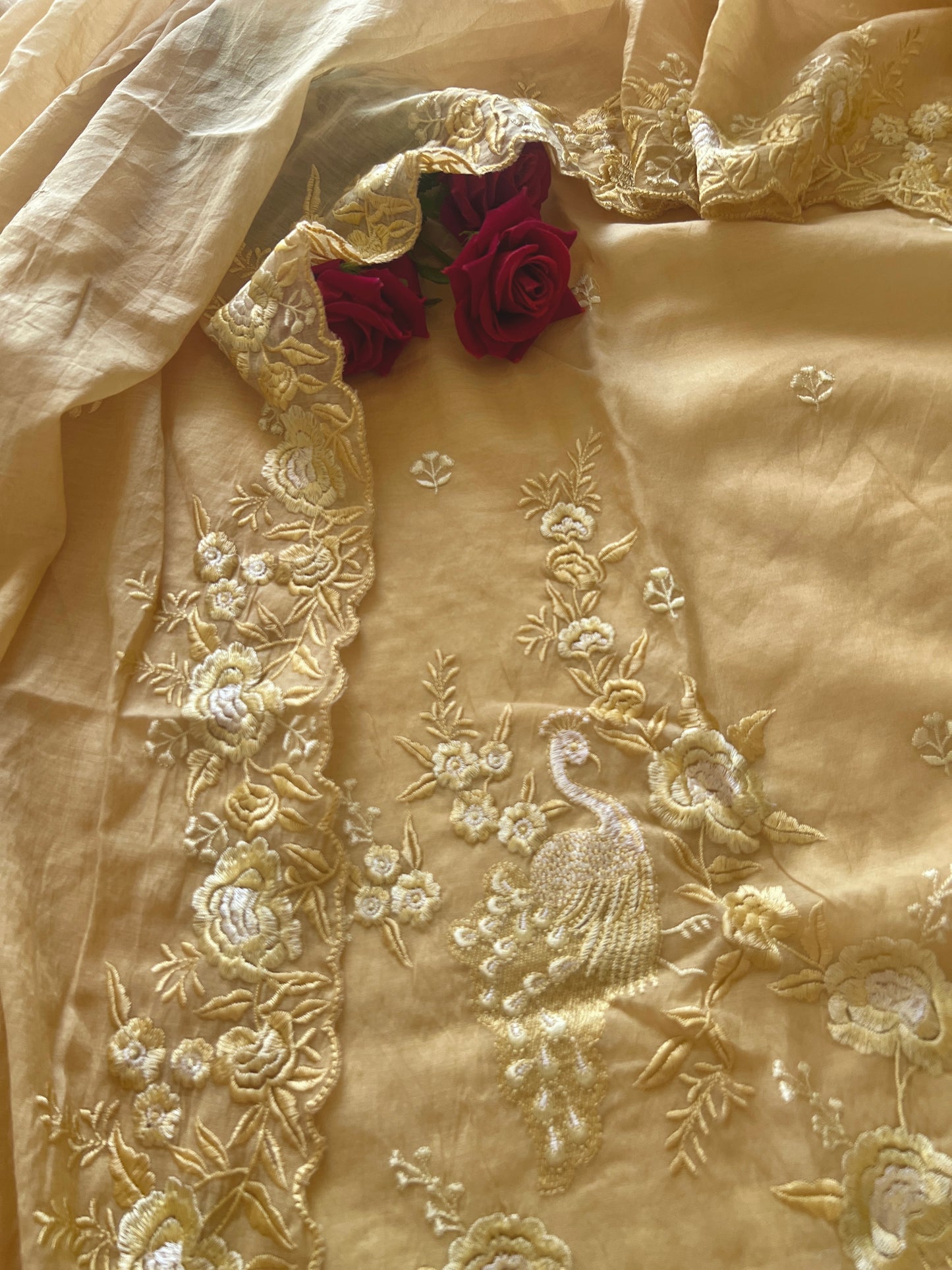 Yellow Mul Chanderi Thread embroidered Unstitched Suit