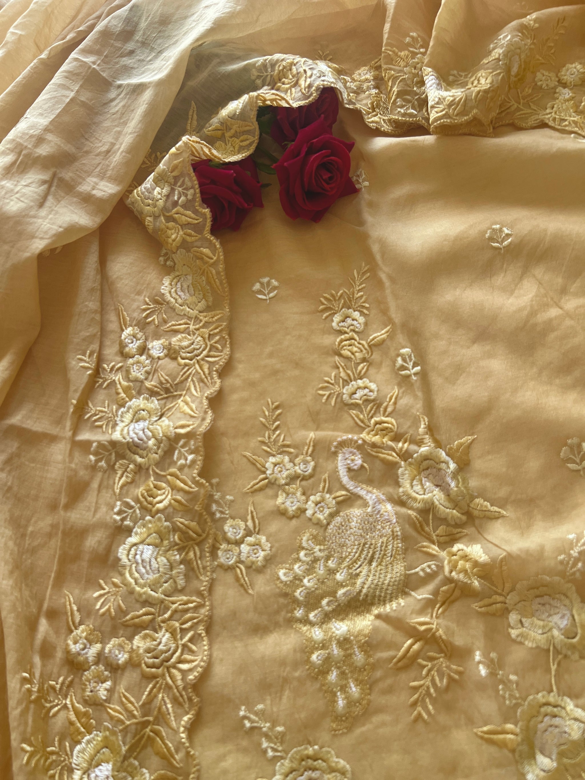 Yellow Mul Chanderi Thread embroidered Unstitched Suit