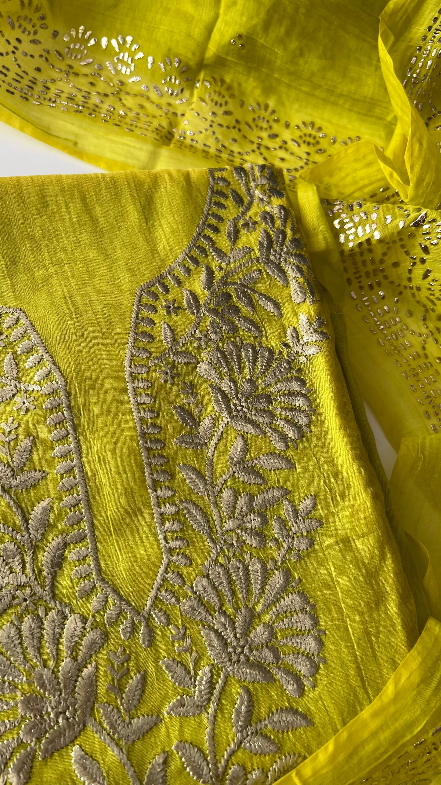 Green Mul Chanderi dress material with pitta and mukaish work