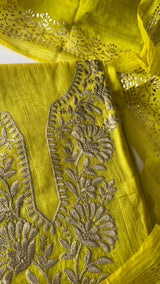 Green Mul Chanderi dress material with pitta and mukaish work