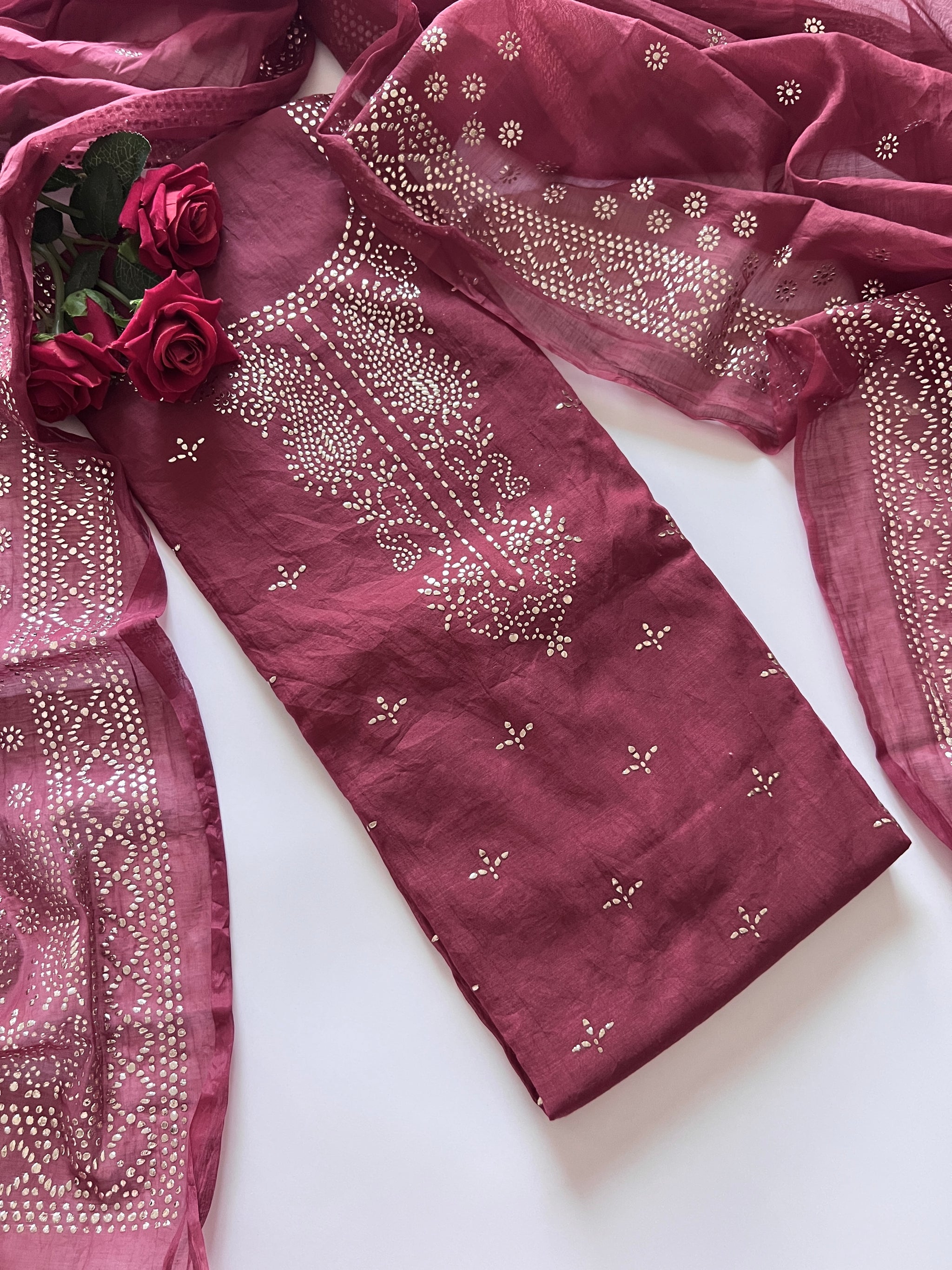 Maroon Mul Chanderi dress material with mukaish