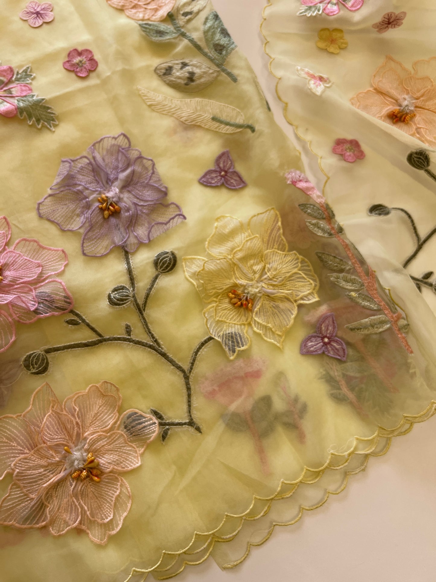 Yellow 3D Embroidery on semi Organza premium unstitched dress material with floral work