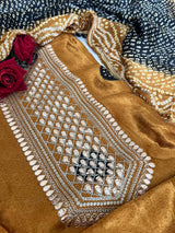 Gold Gajji Silk With gotta work neck Unstitched suit