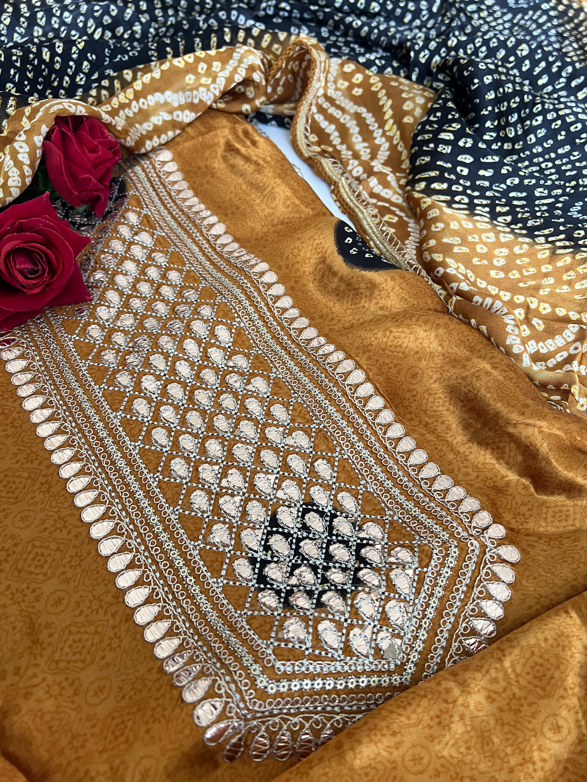 Gold Gajji Silk With gotta work neck Unstitched suit