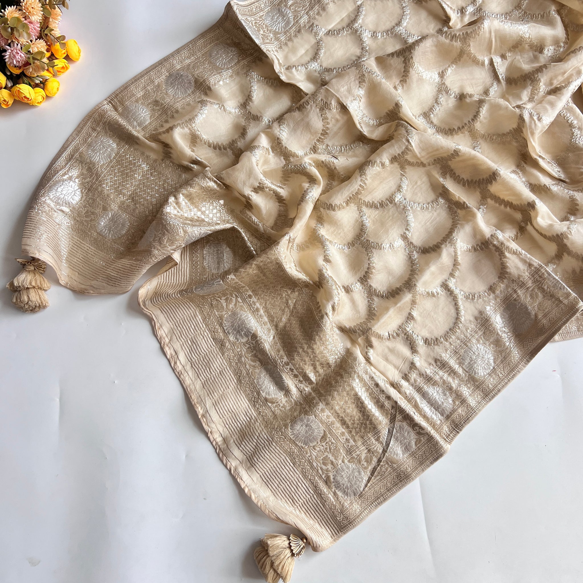 Golden Banarasi dupatta with tassels