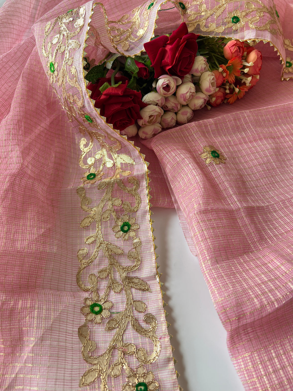Pink Kotta with gotta embroidered kurta dupatta set Unstitched