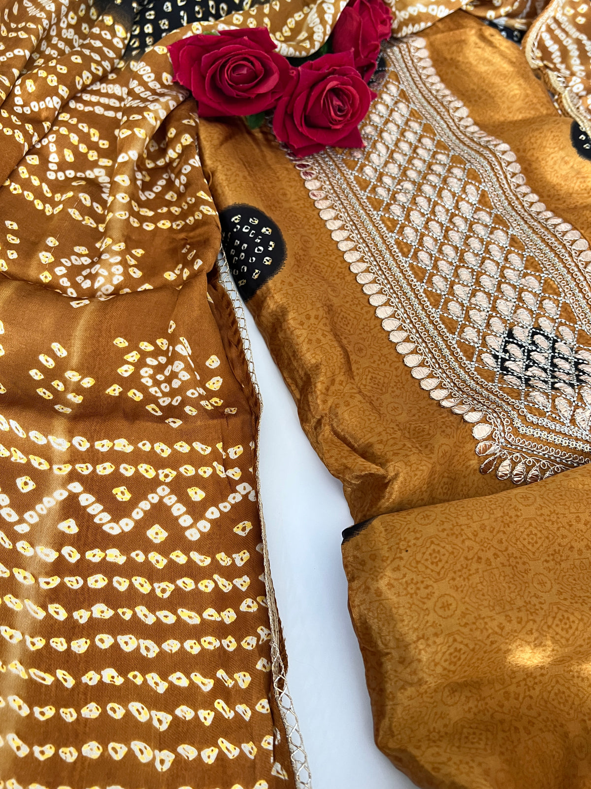 Gold Gajji Silk With gotta work neck Unstitched suit