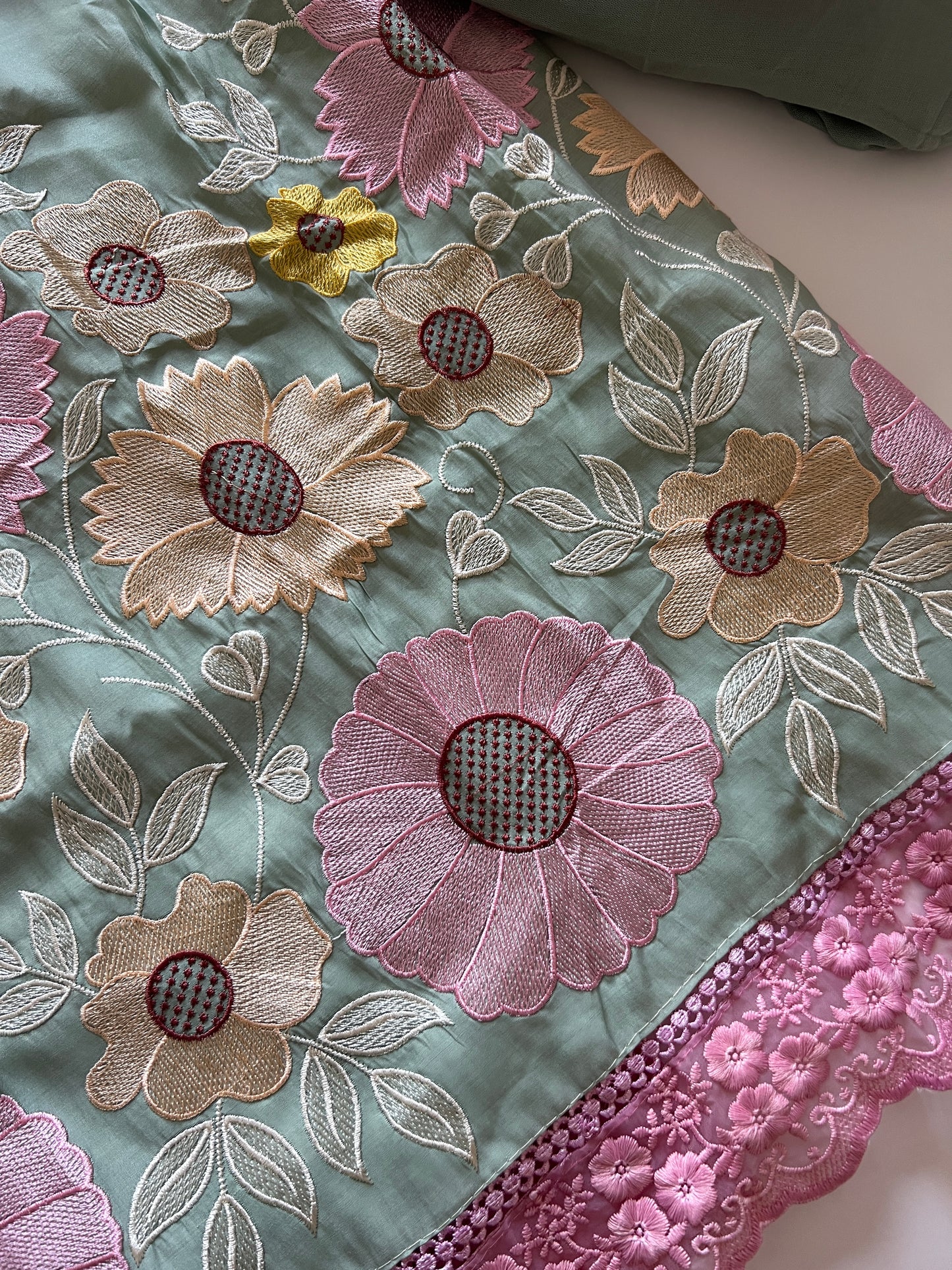 Green Sunflower Embroidery Mul Masleen Dress material