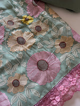 Green Sunflower Embroidery Mul Masleen Dress material