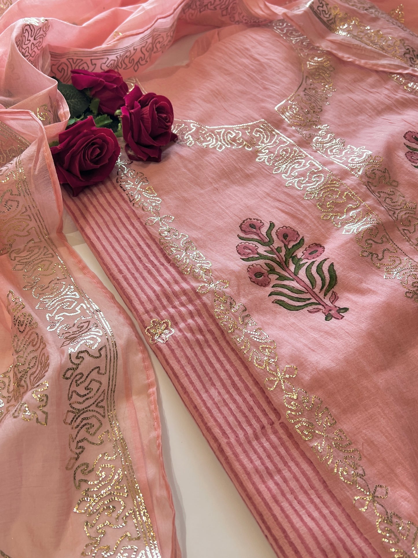 Block print and pitta work on Mul Chanderi dunstitched Suit set