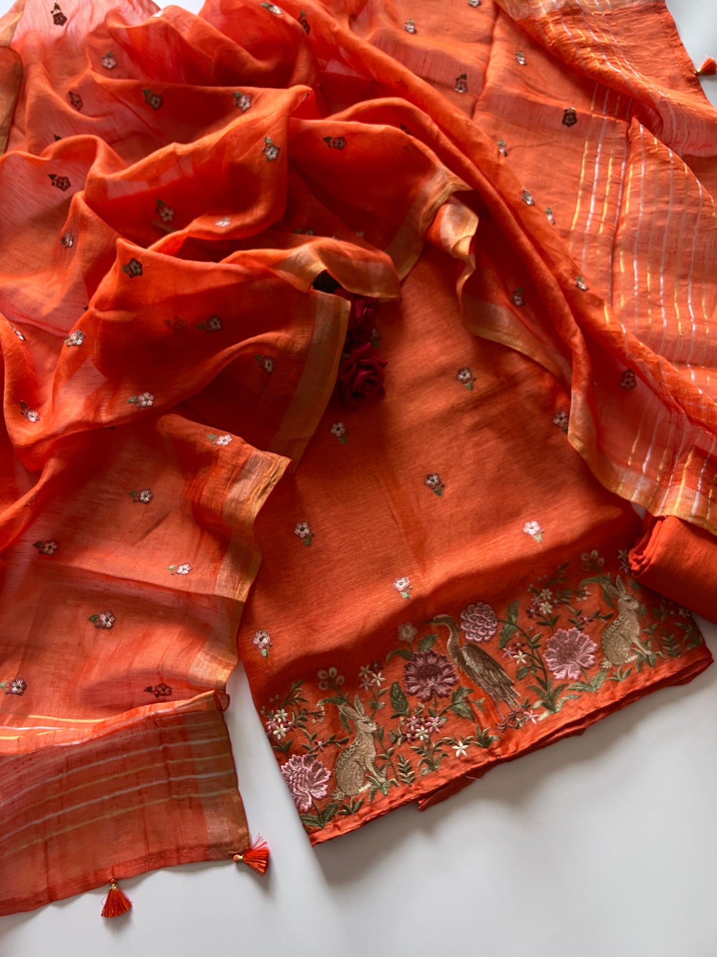 Orange Pure Silk Linen embroidered premium unstitched dress material