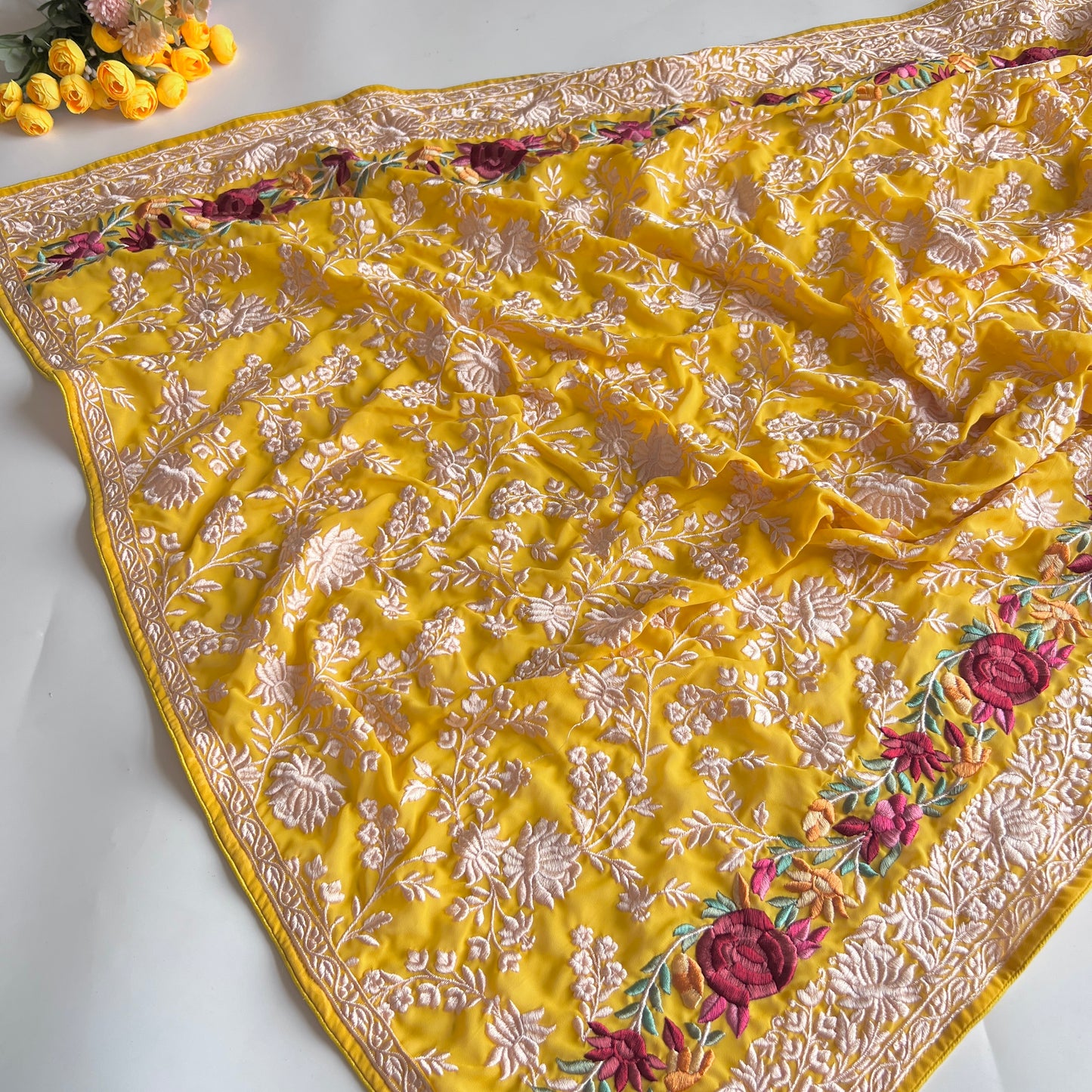 Premium Yellow Parsi Embroidery dupatta