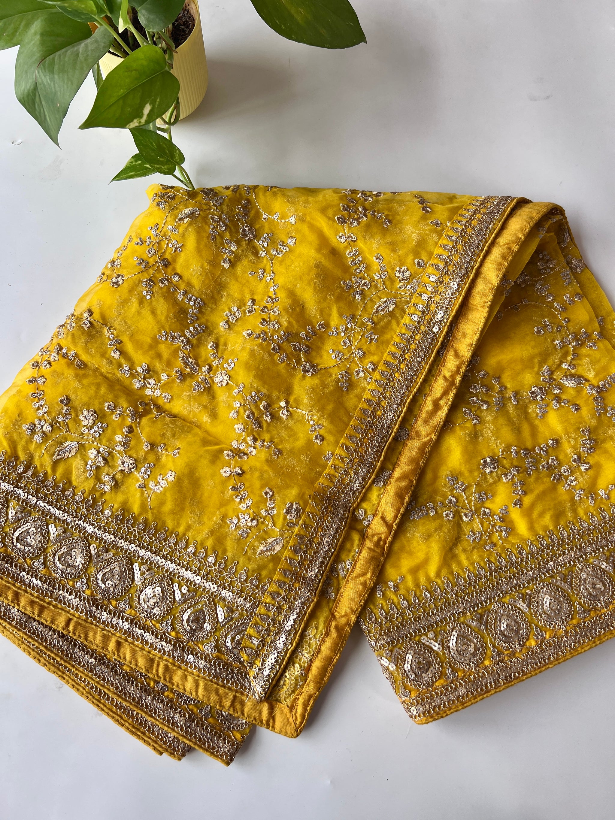 Yellow Organza Sabyasachi concept dupatta with all over embroidery