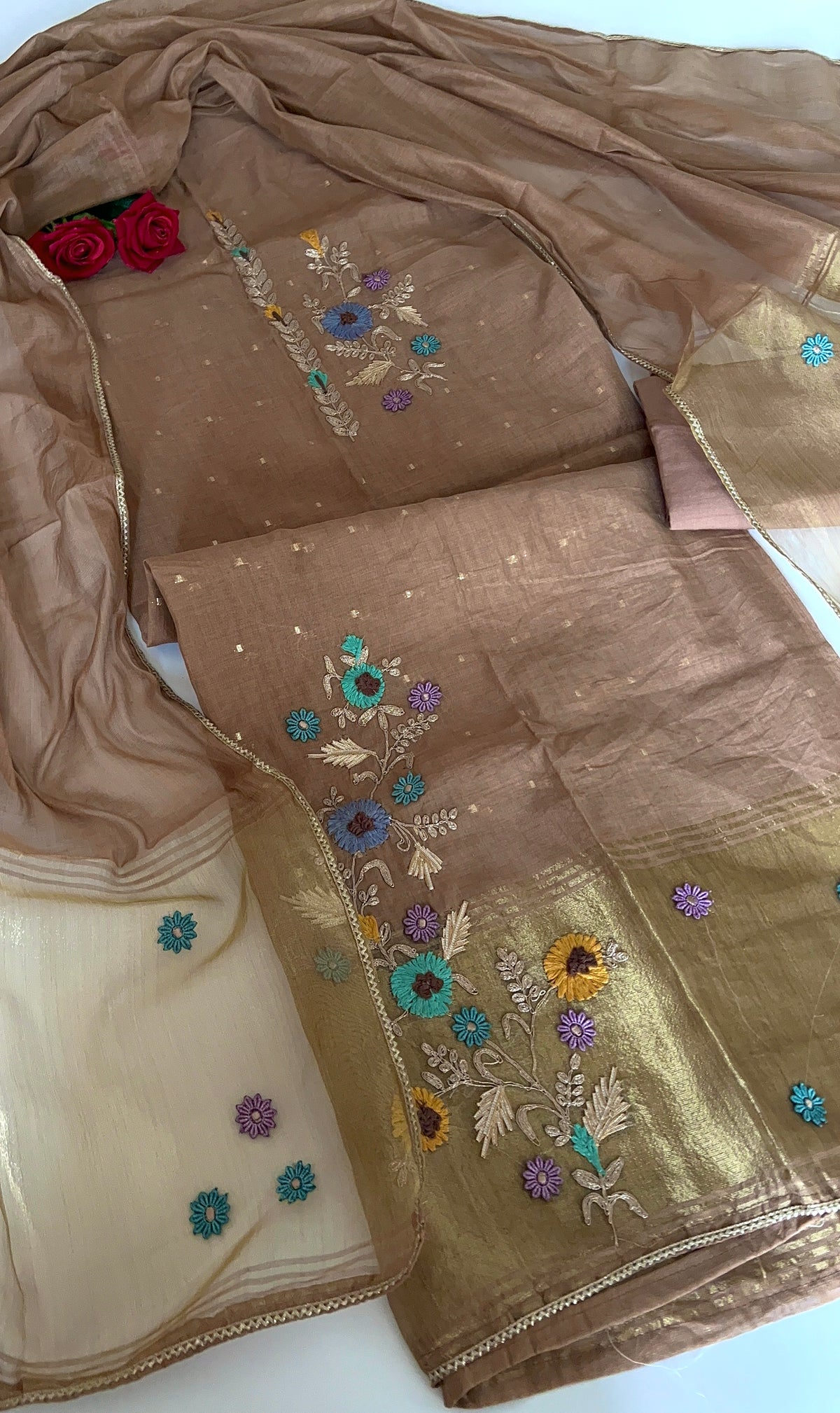 Brown Floral Embroidery tissue Jamdani Dress material