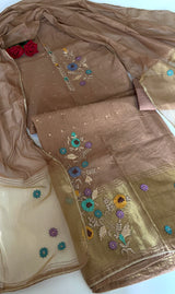 Brown Floral Embroidery tissue Jamdani Dress material