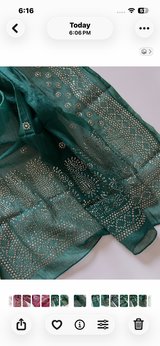 Green Mul Chanderi dress material with mukaish