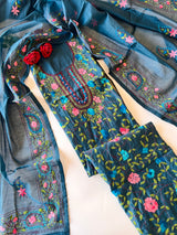 Blue Phulkari embroidery Unstitched suit material