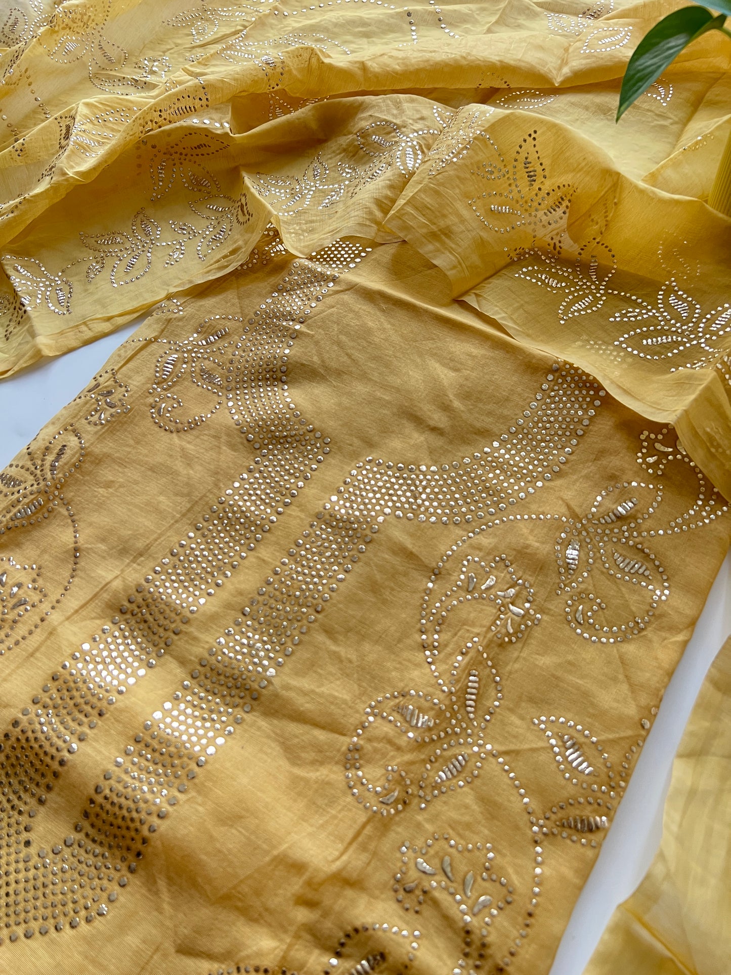 Yellow Mul Chanderi dress material with mukaish