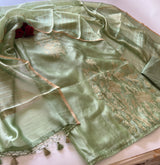 Green Unstitched suit set with patchwork on Pure Raw mango silk fabric