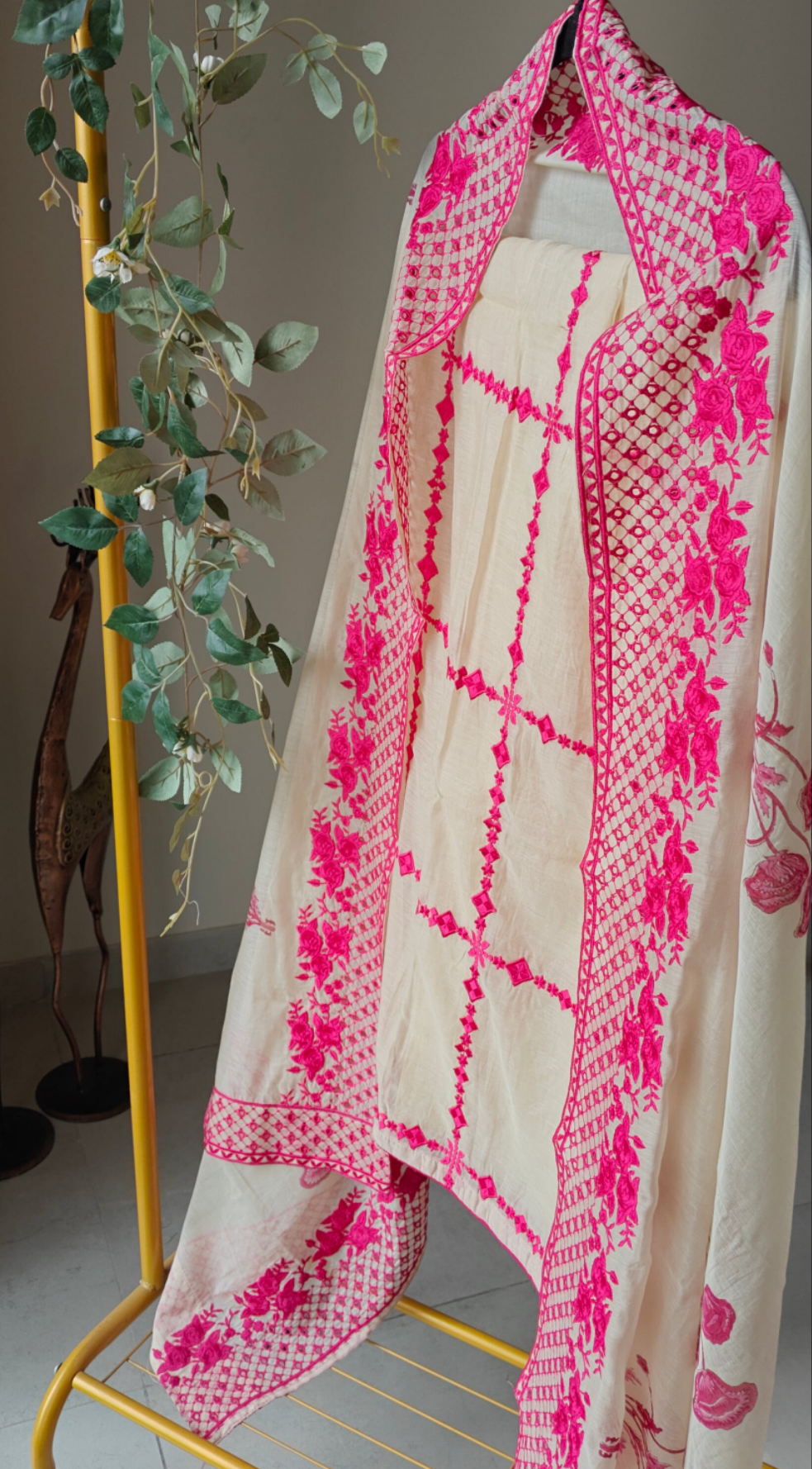 Chanderi designer hotpink suit set - Unstitched material