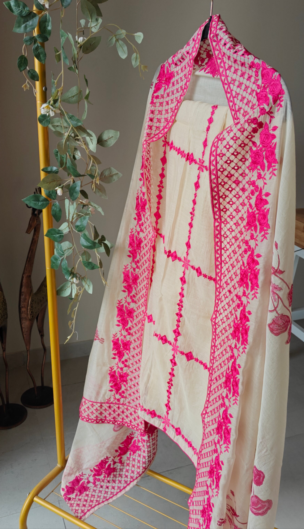 Chanderi designer hotpink suit set - Unstitched material