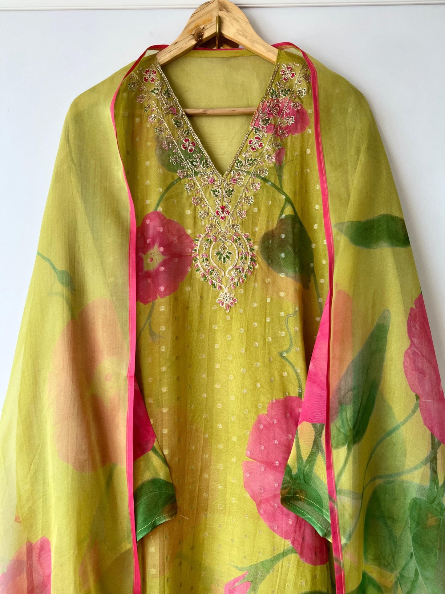 Organza V neck embroidery printed dress material