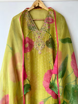 Organza V neck embroidery printed dress material