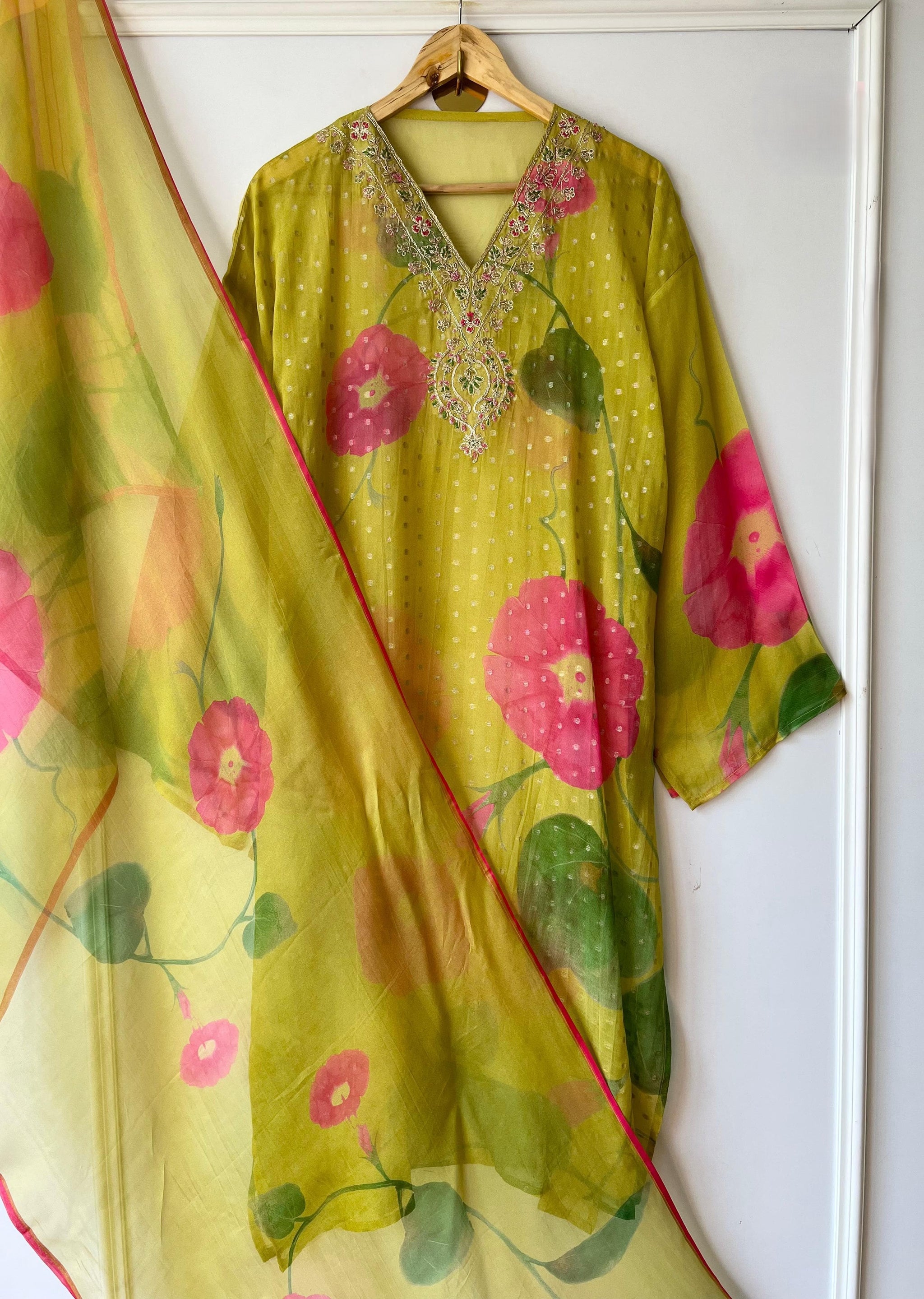 Organza V neck embroidery printed dress material