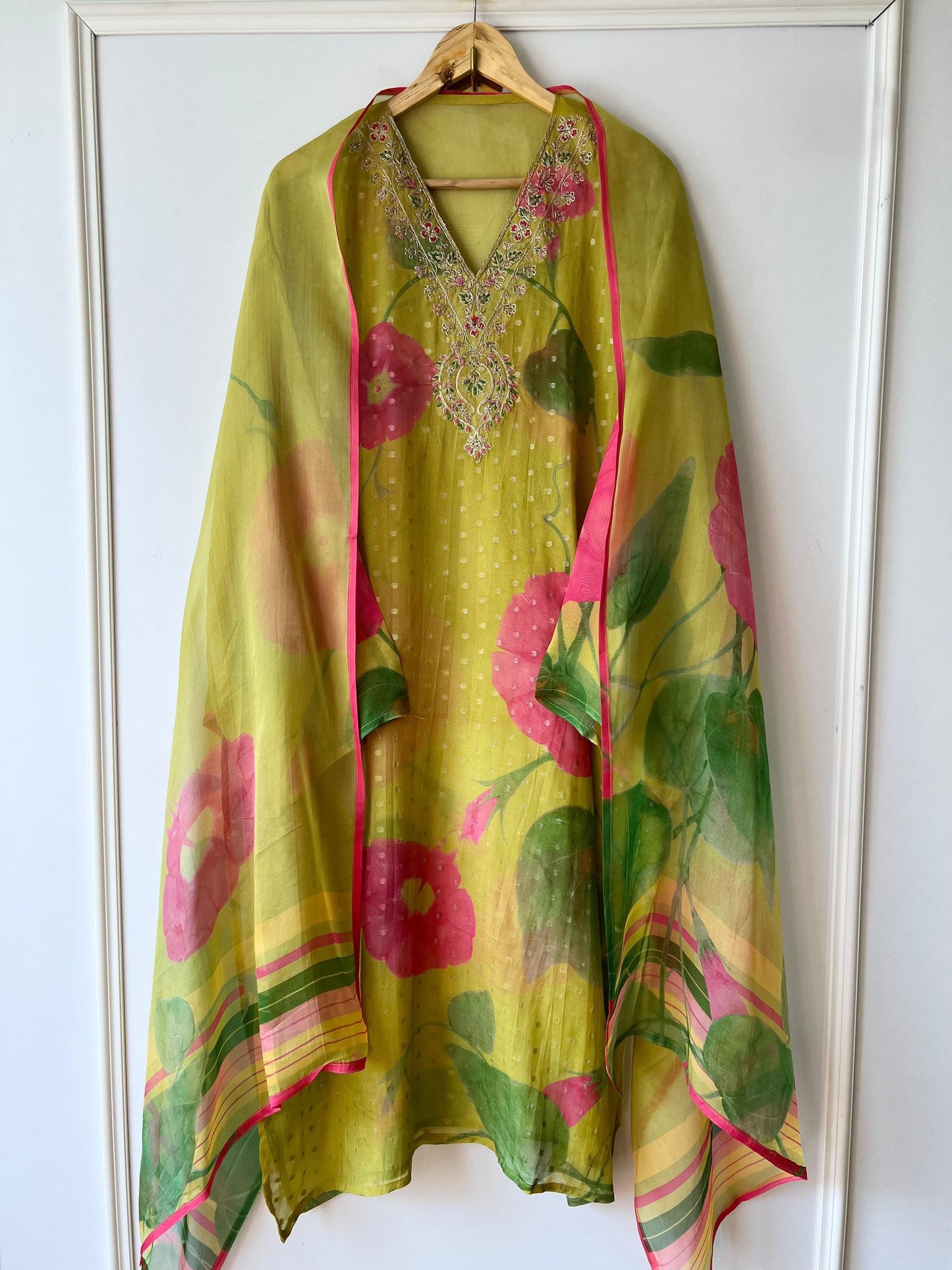 Organza V neck embroidery printed dress material