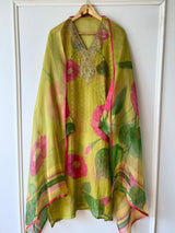 Organza V neck embroidery printed dress material