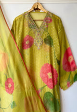 Organza V neck embroidery printed dress material