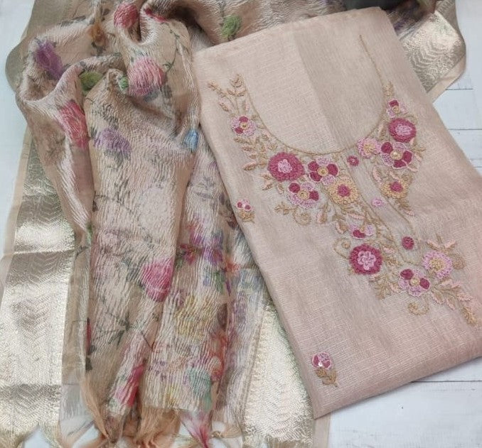 Soft Zari kota kurta with tissue dupatta.