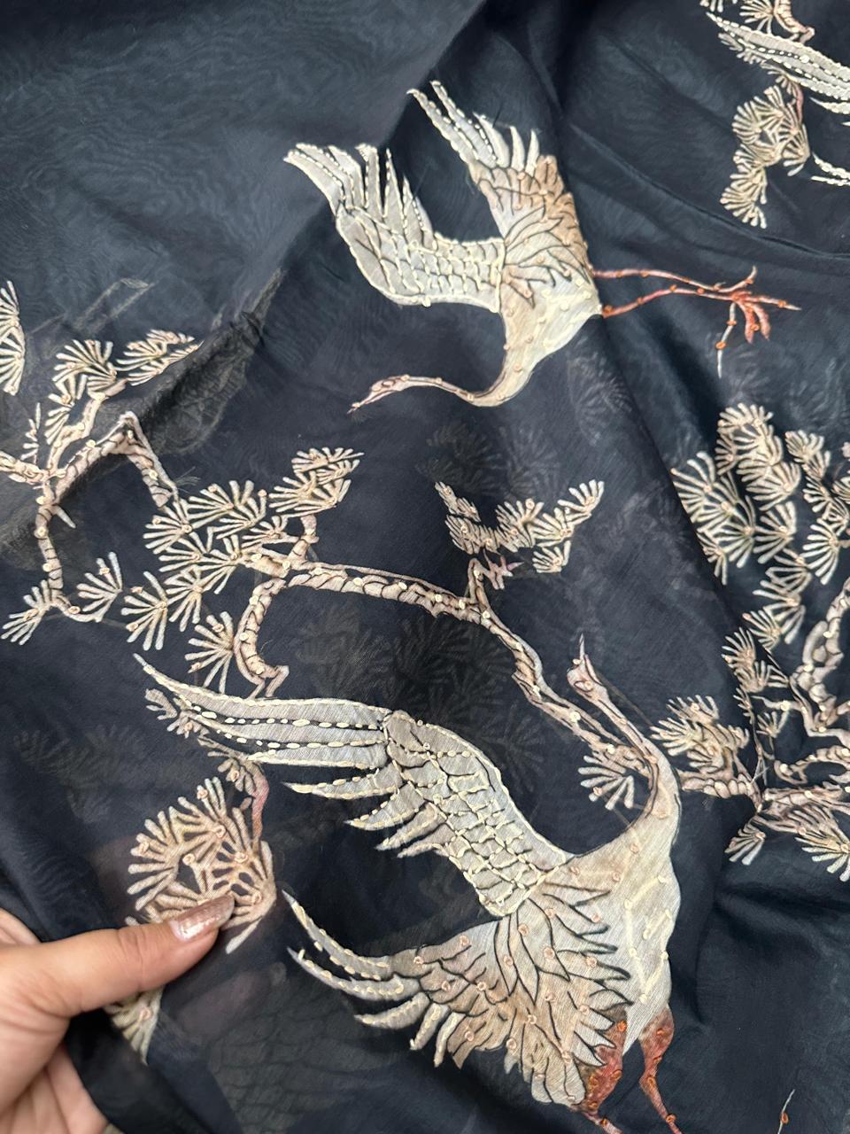 French Knot Banarasi Chanderi Saree Black