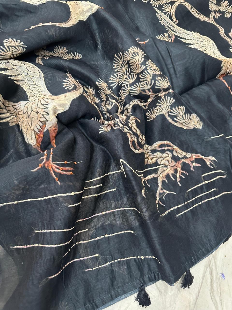 French Knot Banarasi Chanderi Saree Black