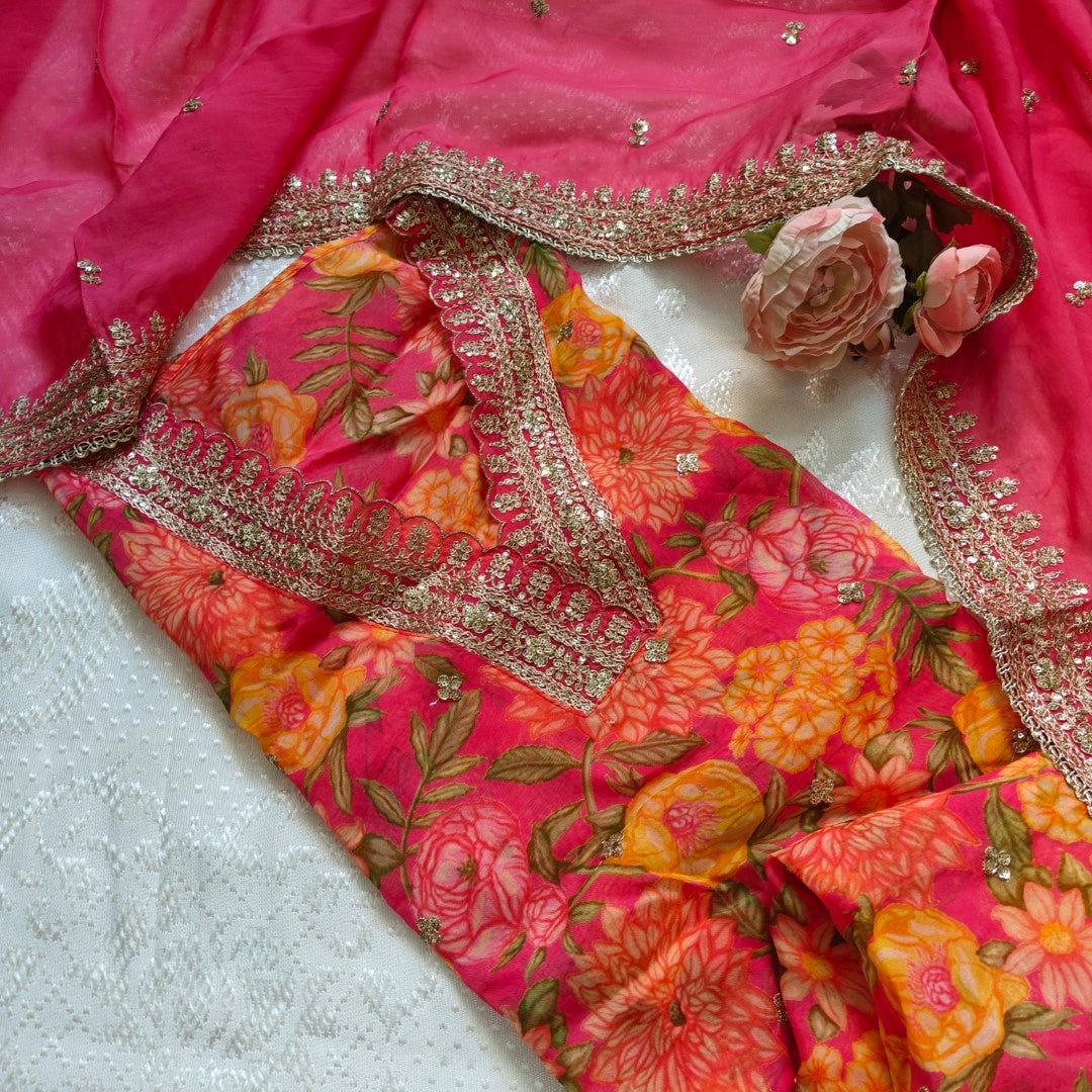 Organza V neck Printed dress material