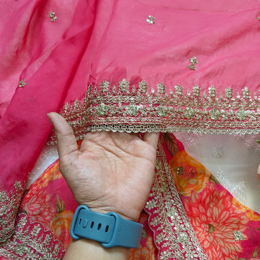 Organza V neck Printed dress material