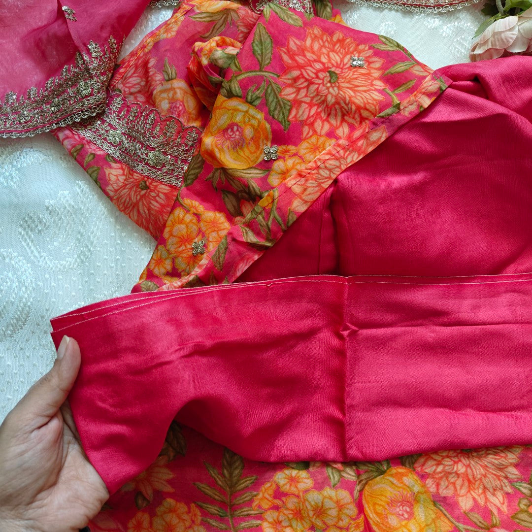 Organza V neck Printed dress material