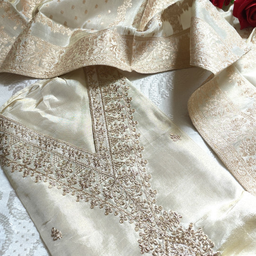 Cream Tissue dress material with neck embroidery