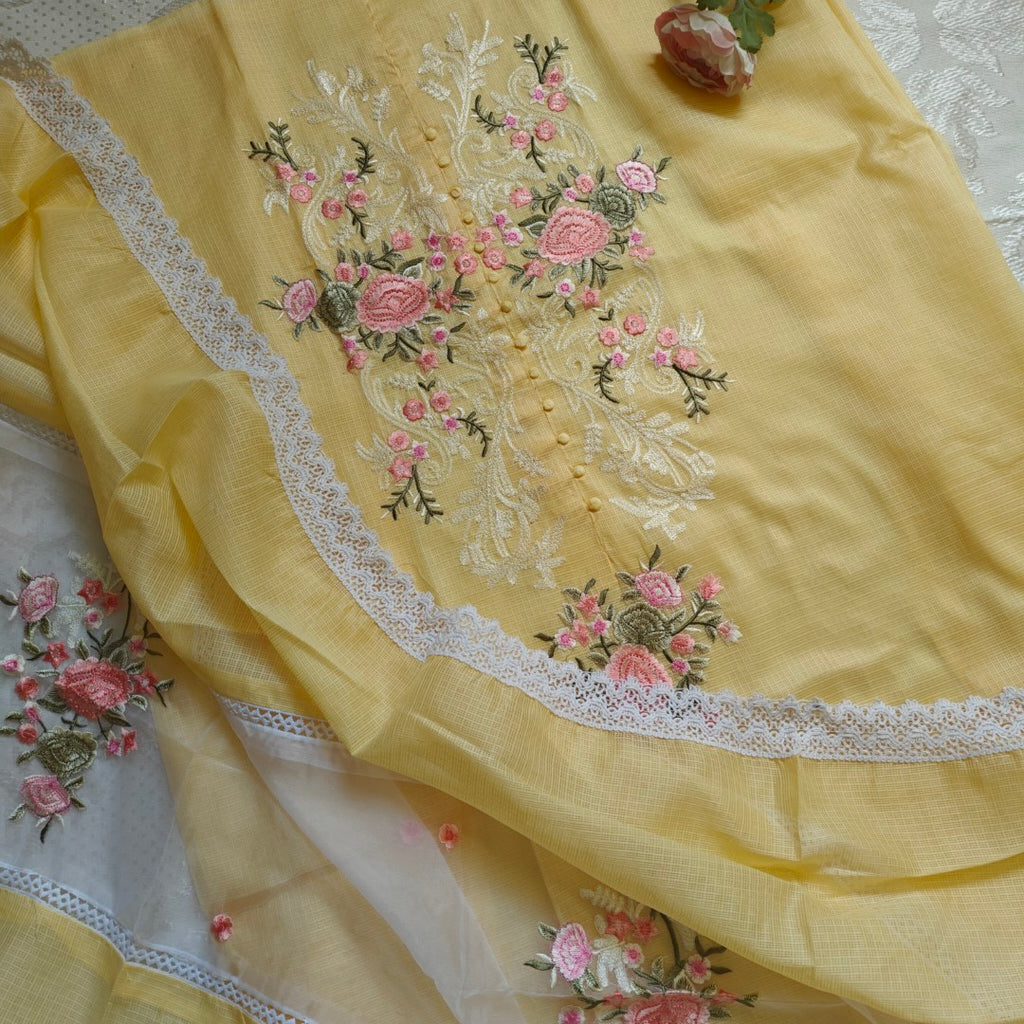 Elegant Yellow Unstitched Salwar Suit with Pink Floral Embroidery – Perfect for Festive & Casual Wear