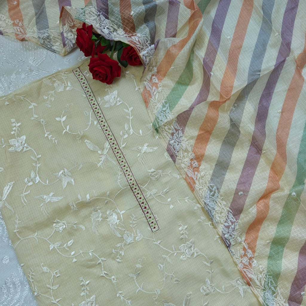 Cream kurta material with Multi color dupatta embroidery Dress material