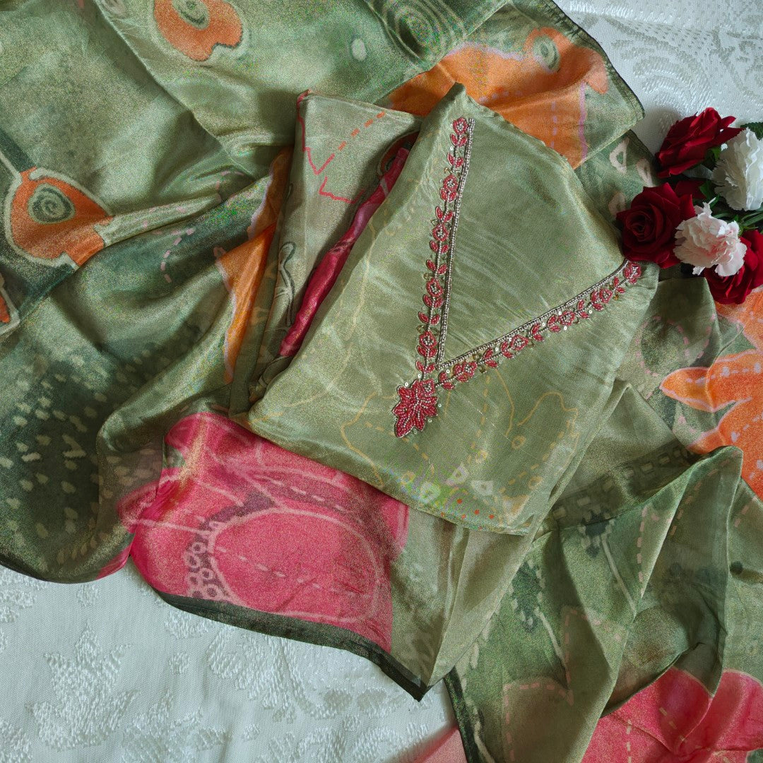 V neck Embroidery Tissue silk Dress material