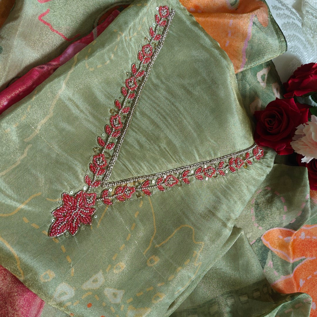 V neck Embroidery Tissue silk Dress material