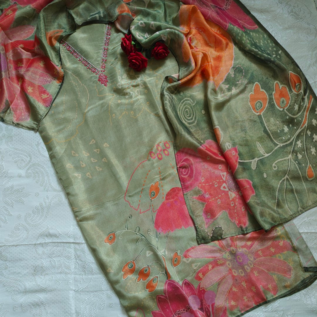 V neck Embroidery Tissue silk Dress material