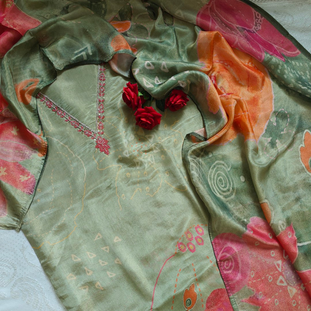 V neck Embroidery Tissue silk Dress material