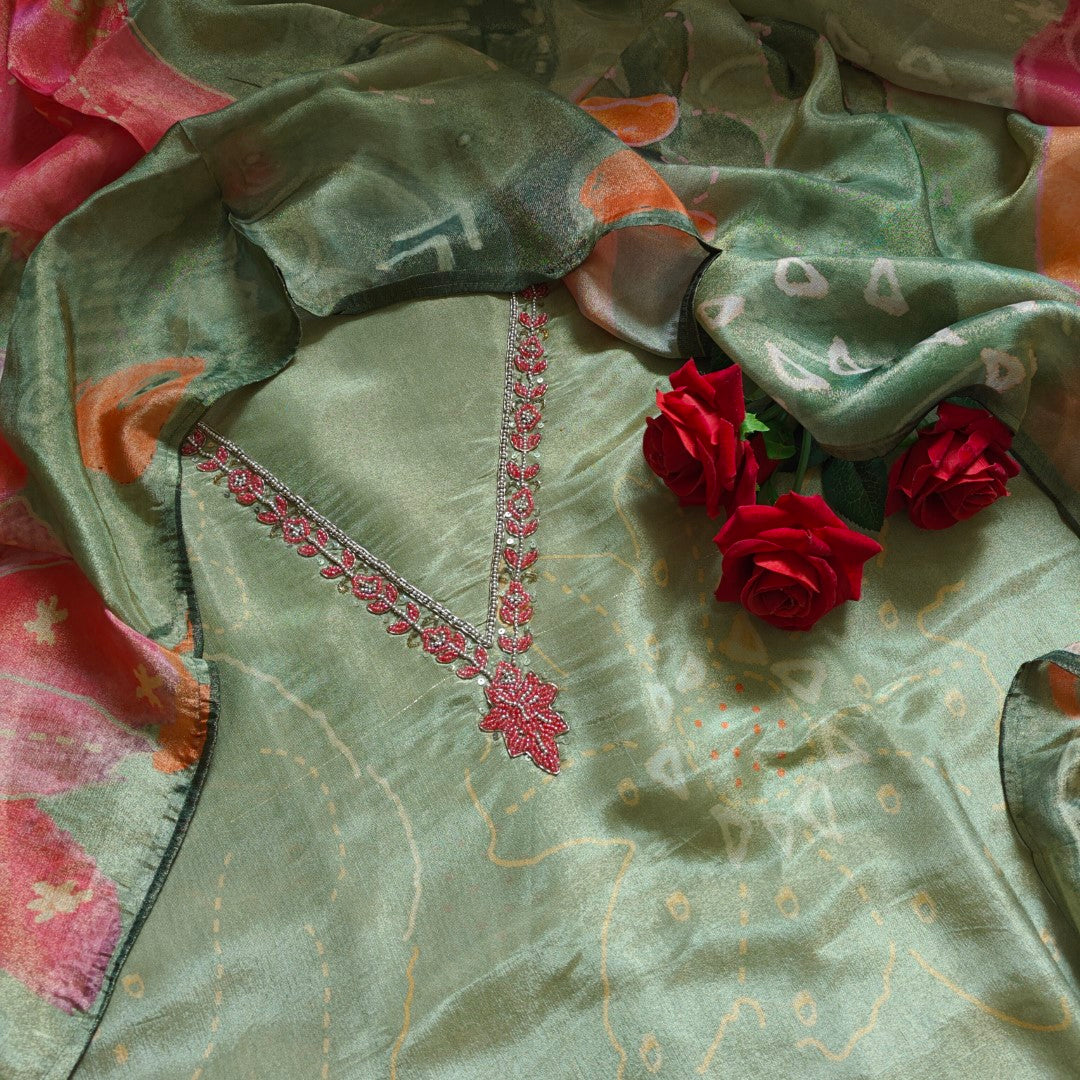 V neck Embroidery Tissue silk Dress material