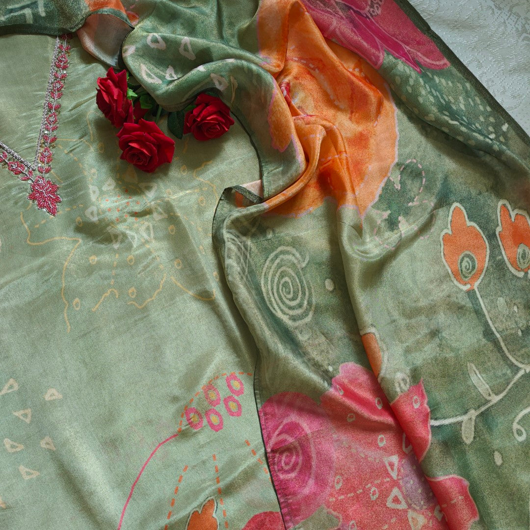 V neck Embroidery Tissue silk Dress material