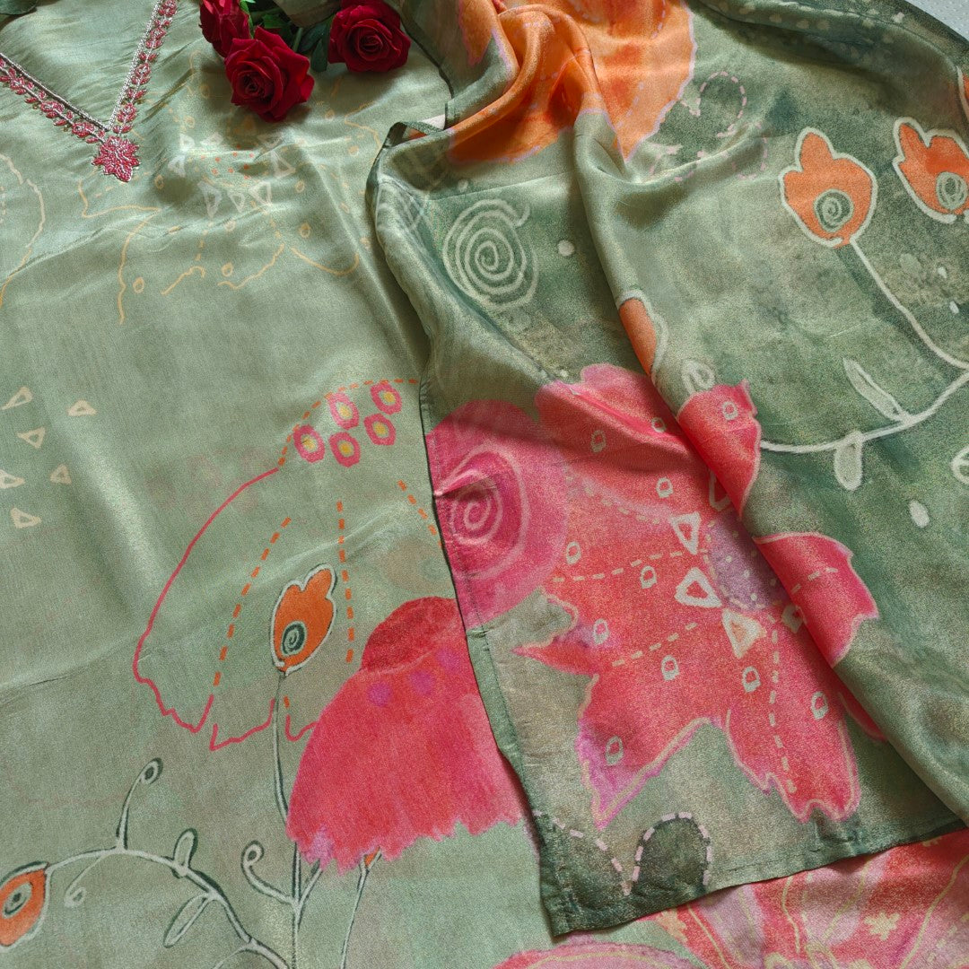 V neck Embroidery Tissue silk Dress material